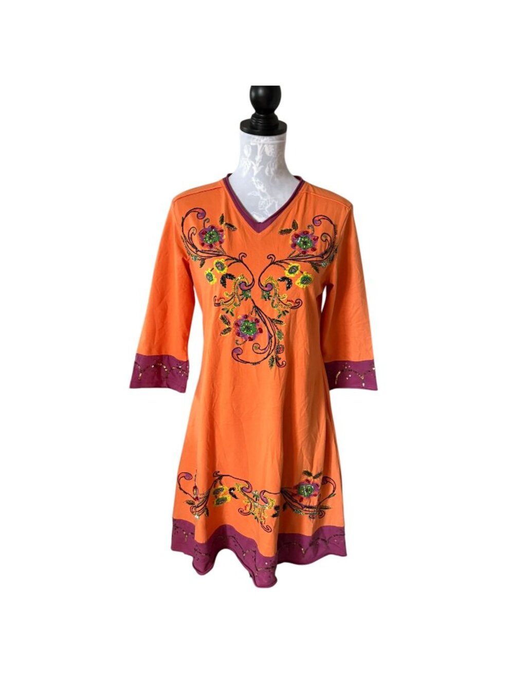 Double D Ranch Orange V Neck Beaded Bling Long Sleeve Dress Small